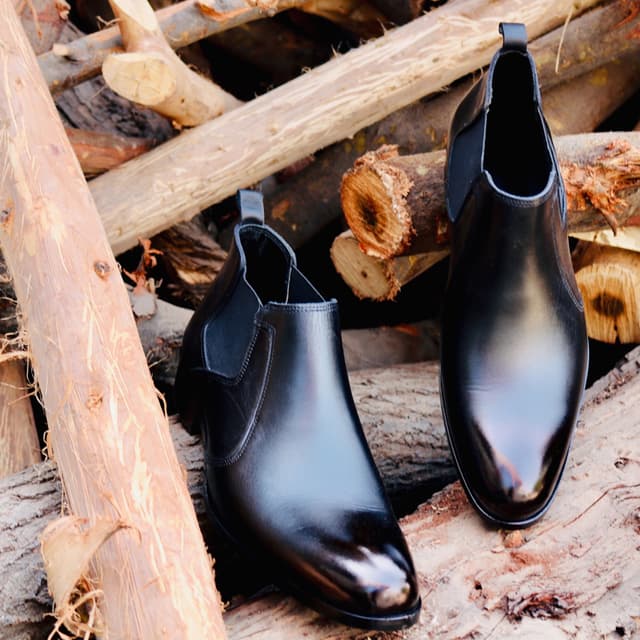 Black patina short chelsea boots