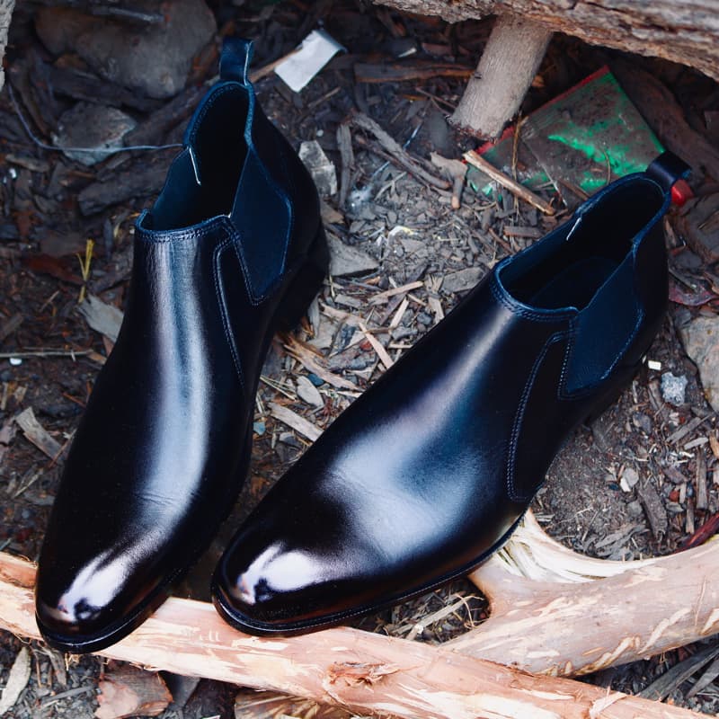 Black patina short chelsea boots